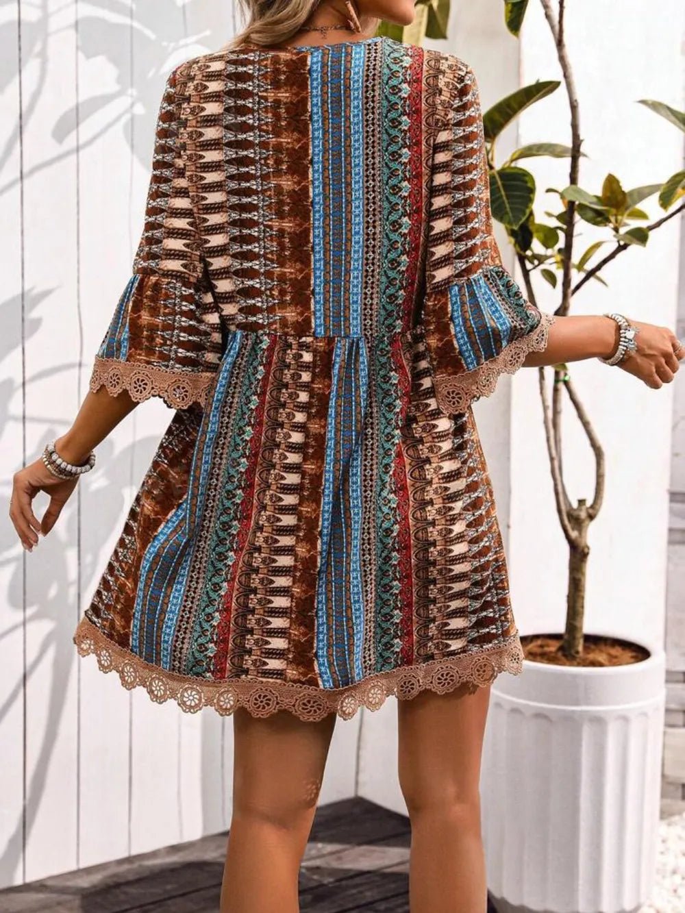 Lace Trim Printed V - Neck 3/4 Sleeve Dress - Crowned Energy CO.