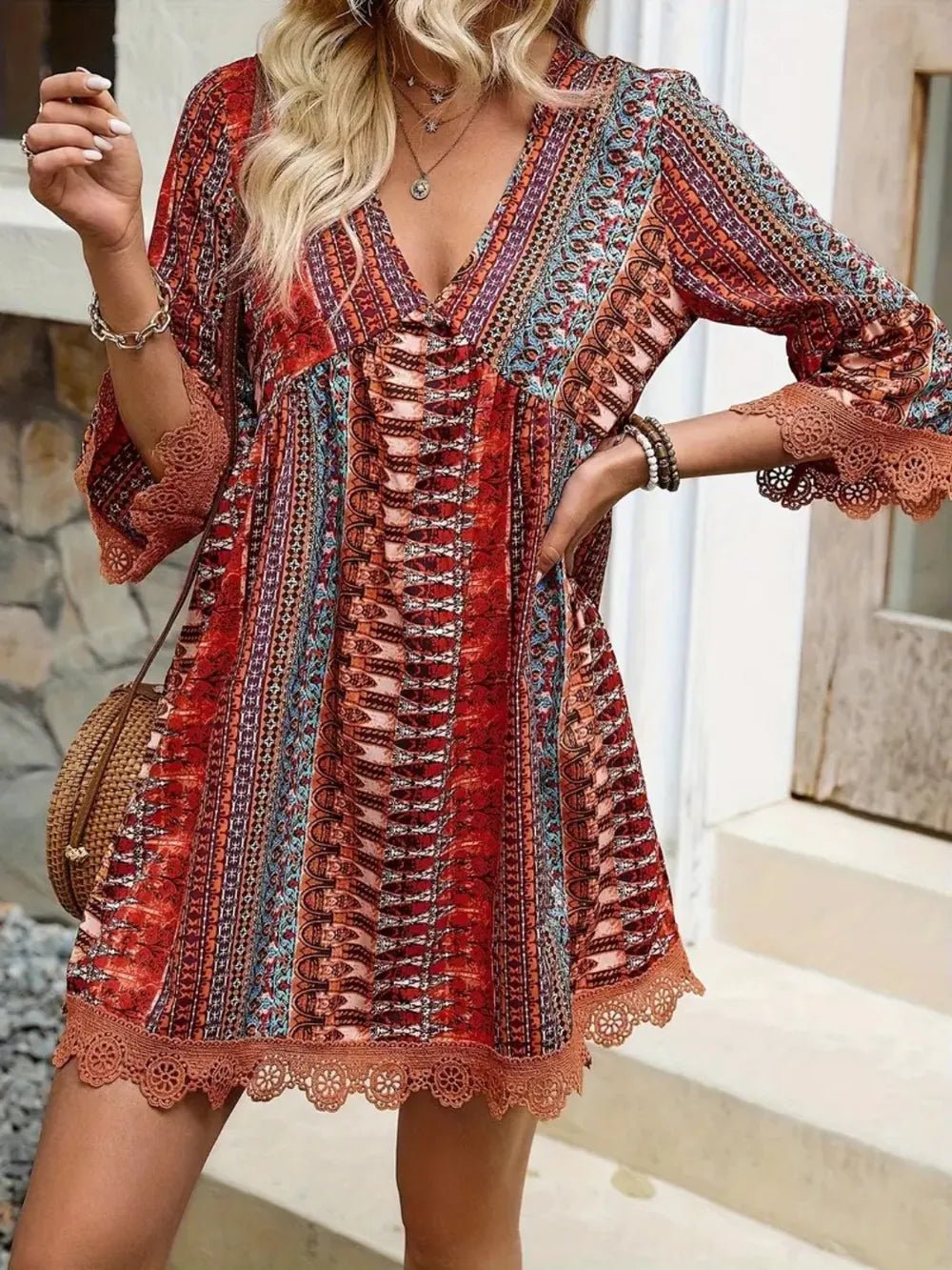 Lace Trim Printed V - Neck 3/4 Sleeve Dress - Crowned Energy CO.
