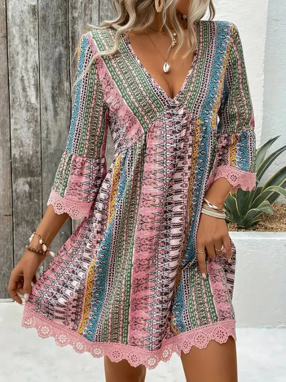Lace Trim Printed V - Neck 3/4 Sleeve Dress - Crowned Energy CO.