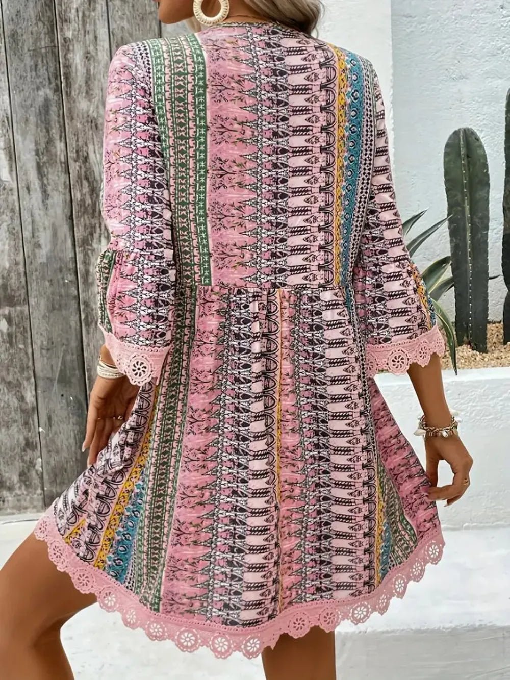 Lace Trim Printed V - Neck 3/4 Sleeve Dress - Crowned Energy CO.