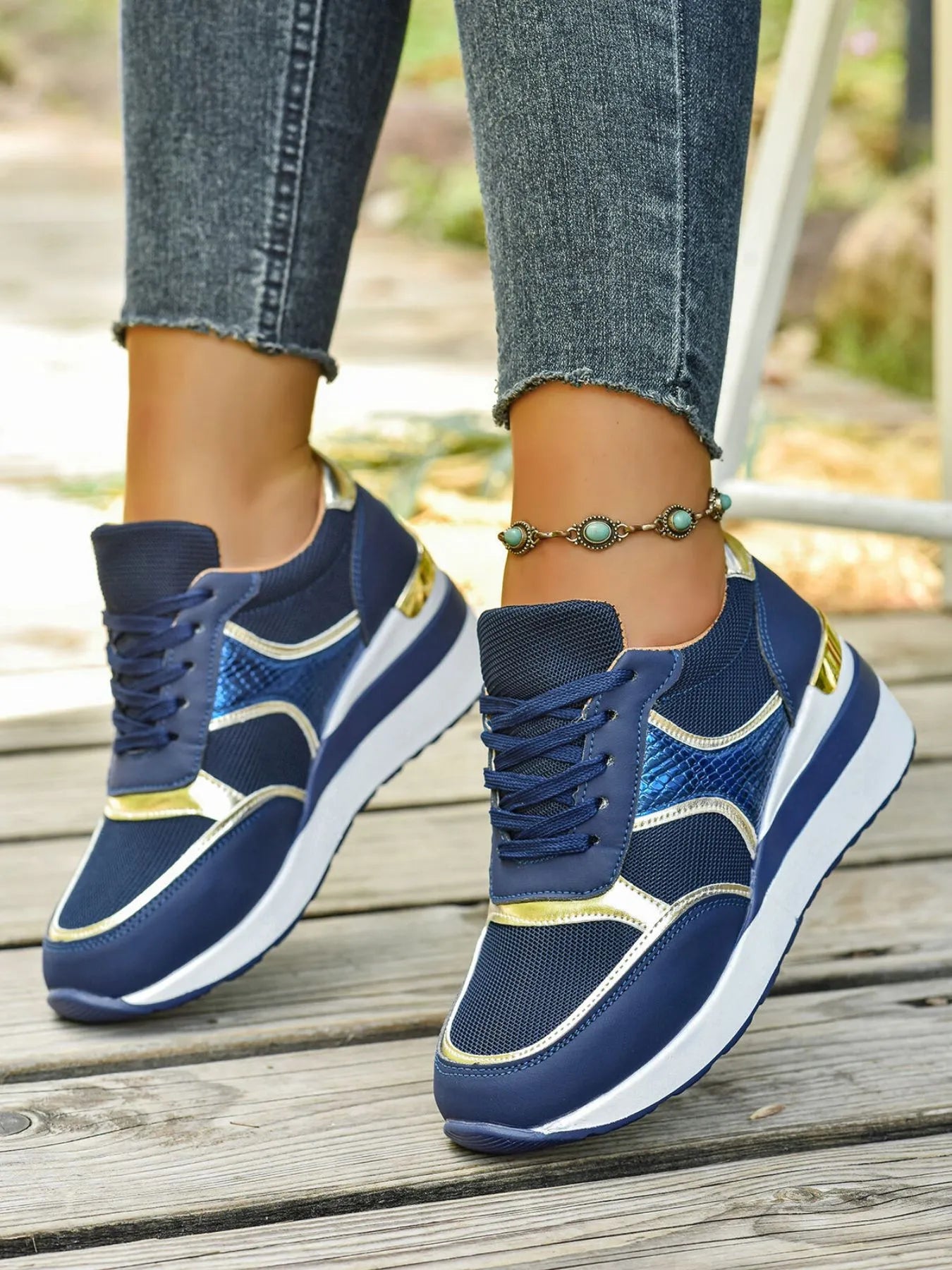 Crowned Energy CO. Blue / 36 Trendsi sneakers Lace Up Wedge Sneakers