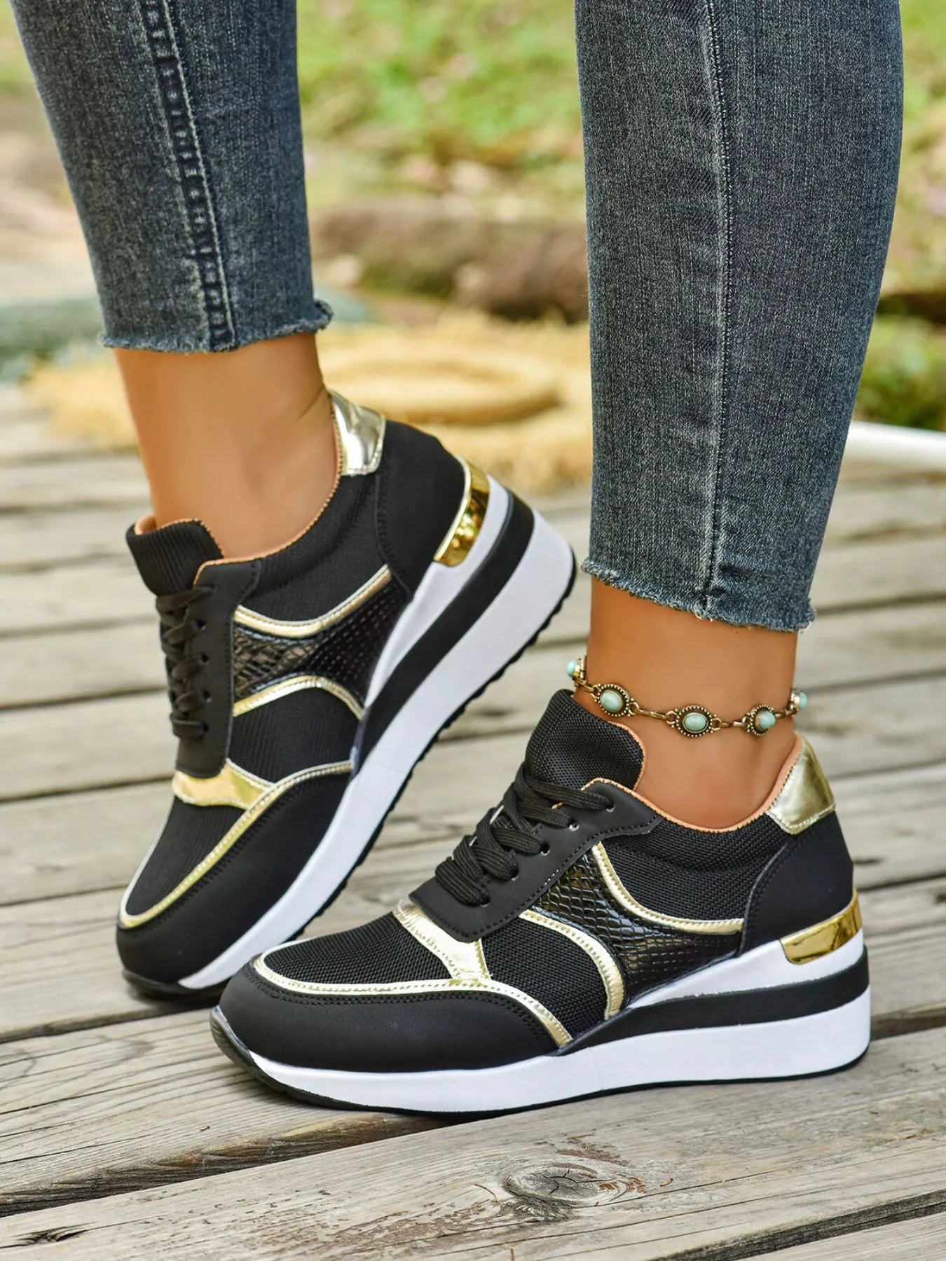 Crowned Energy CO. Black / 36 Trendsi sneakers Lace Up Wedge Sneakers