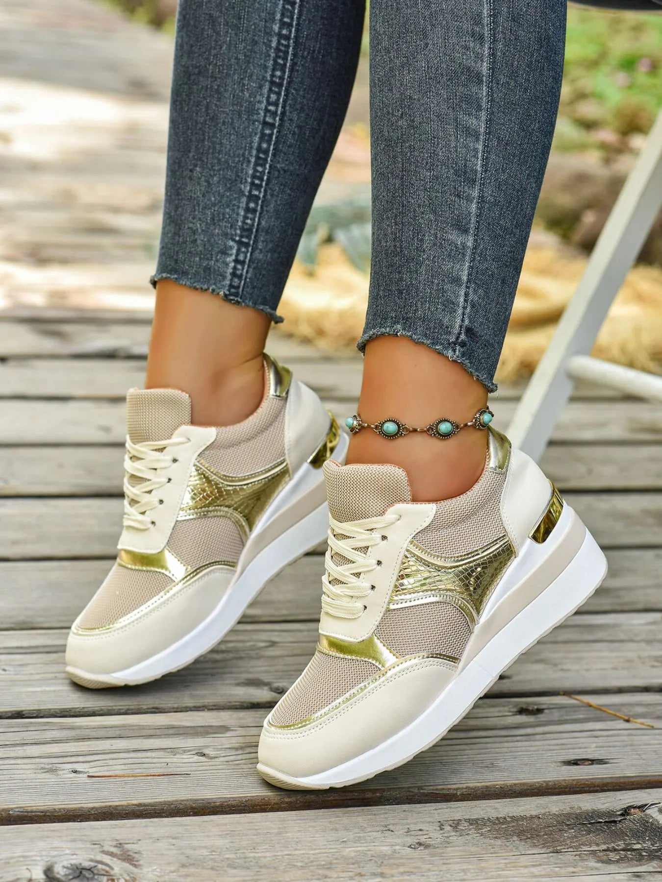 Crowned Energy CO. Beige / 36 Trendsi sneakers Lace Up Wedge Sneakers