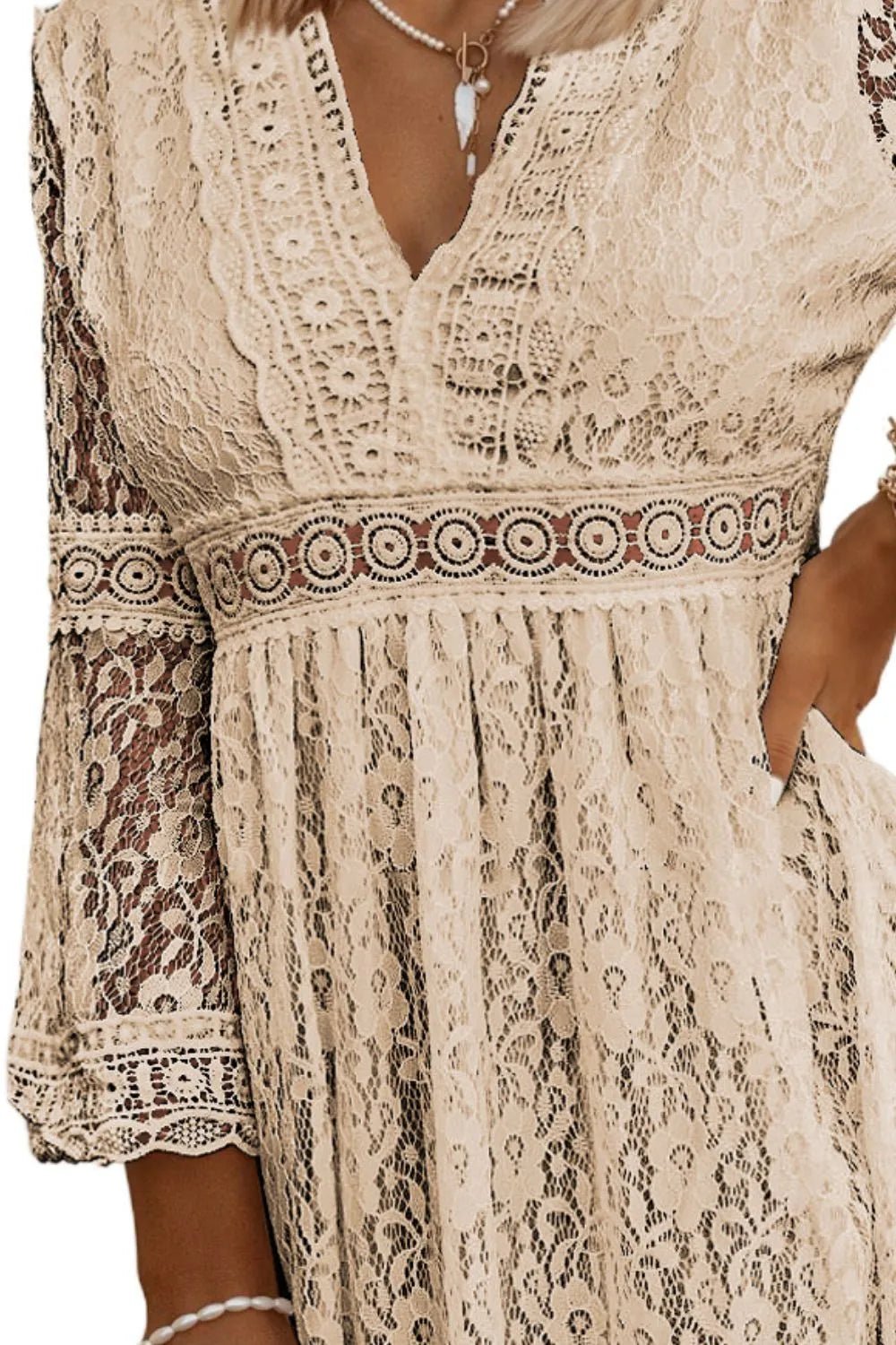 Lace V - Neck Three - Quarter Sleeve Dress - Crowned Energy CO.