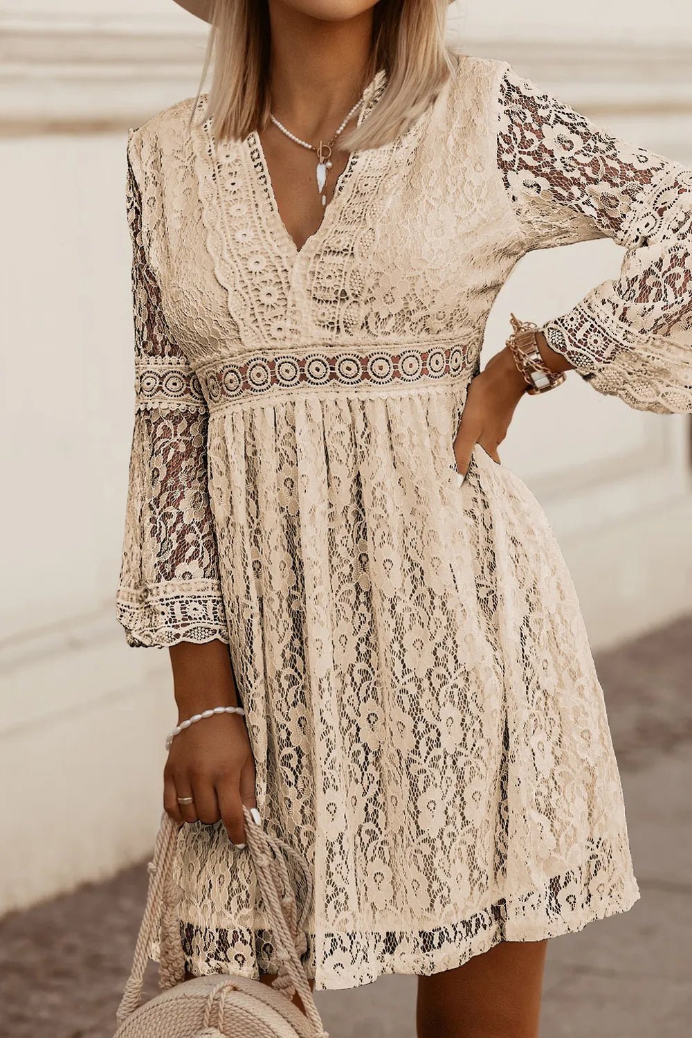 Lace V - Neck Three - Quarter Sleeve Dress - Crowned Energy CO.