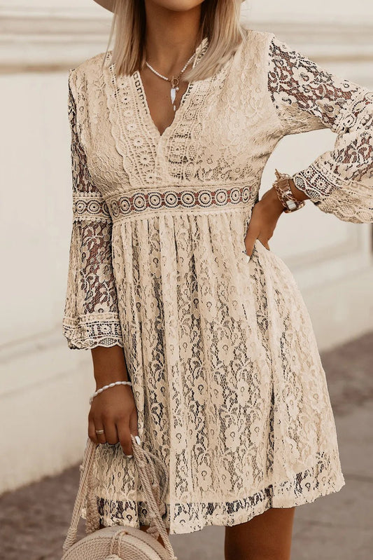 Lace V - Neck Three - Quarter Sleeve Dress - Crowned Energy CO.