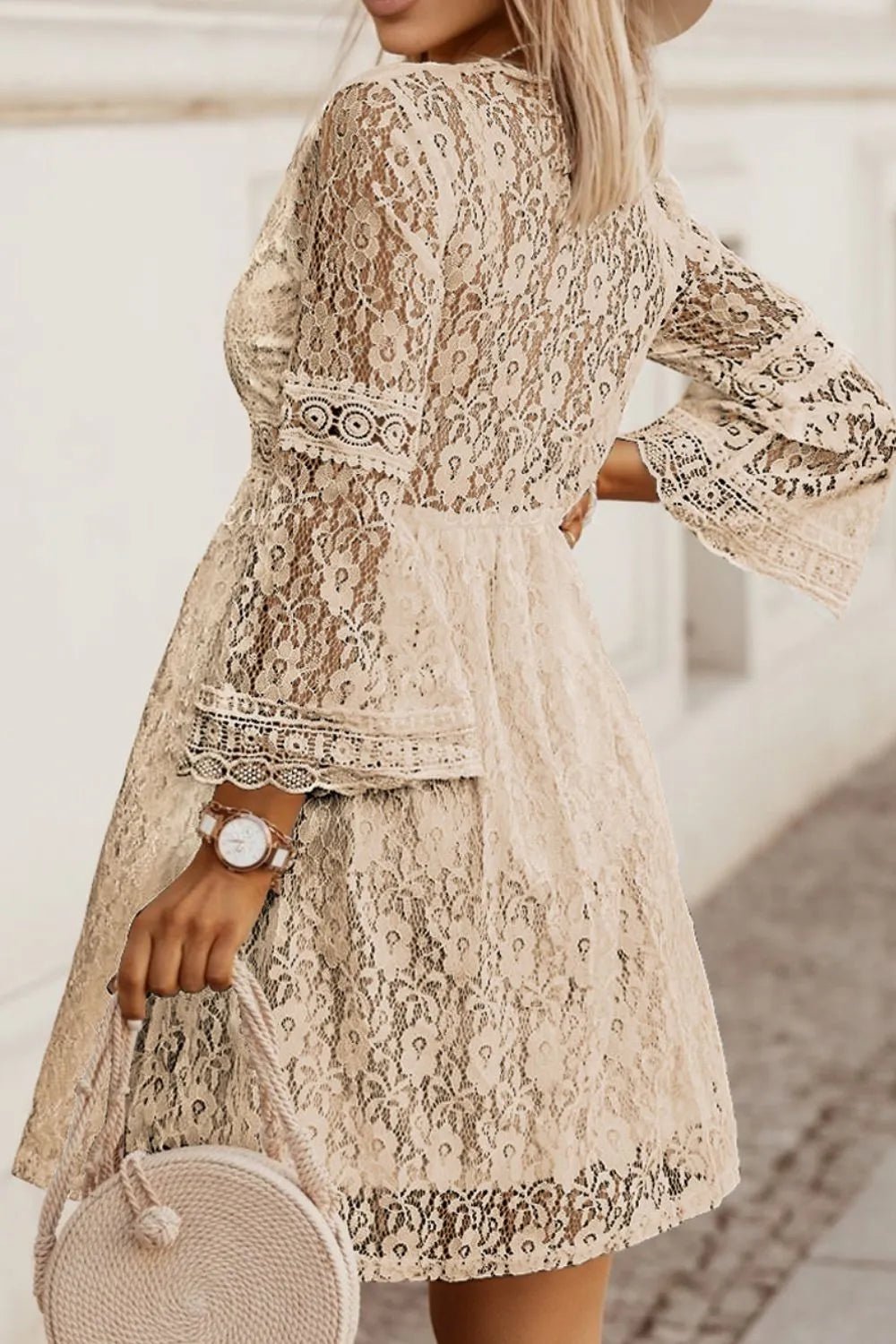 Lace V - Neck Three - Quarter Sleeve Dress - Crowned Energy CO.