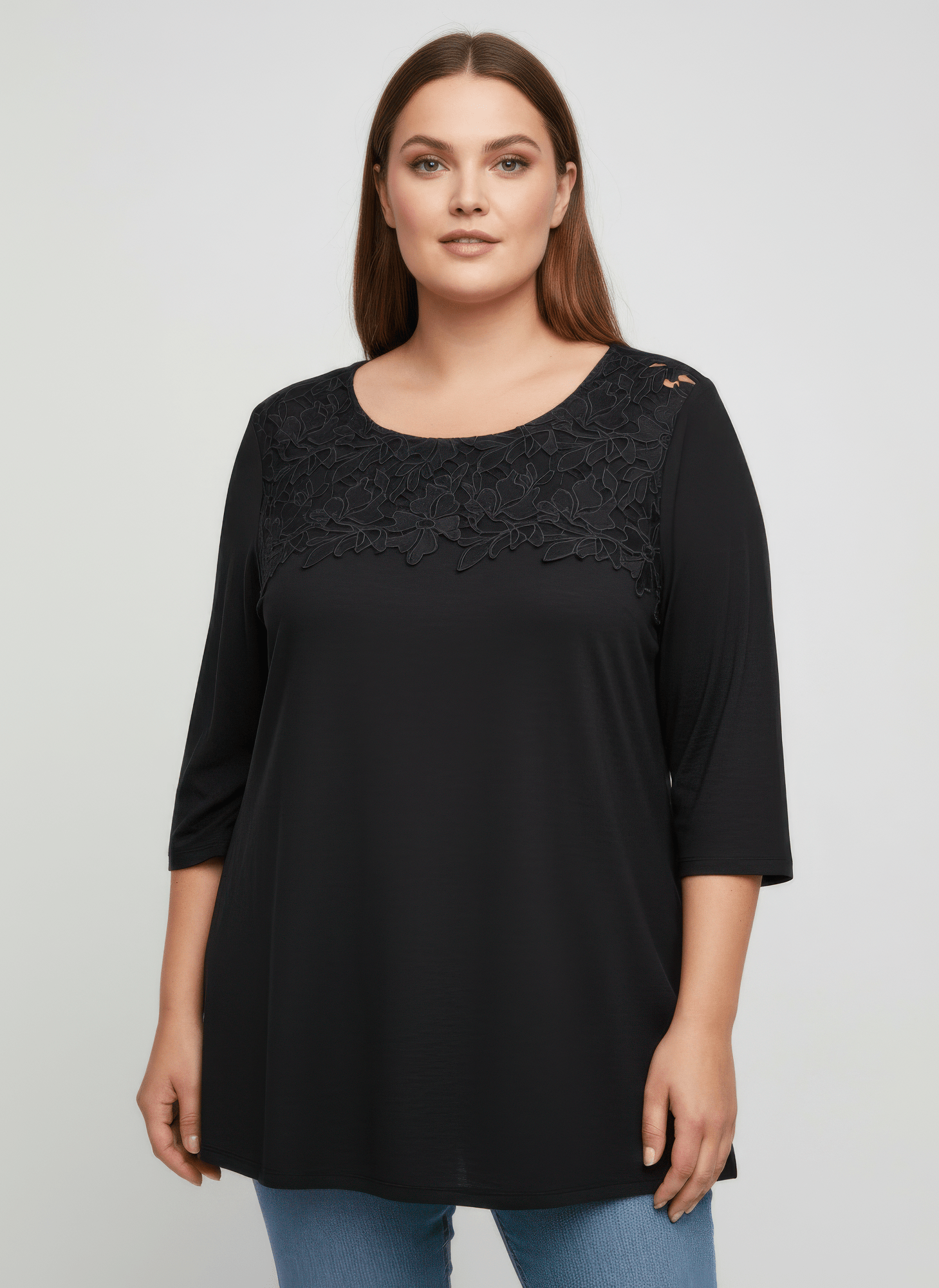 Lace Yoke Three - quarter Sleeve Knit Top - Crowned Energy CO.