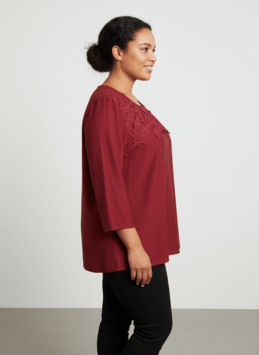 Lace Yoke Three - quarter Sleeve Knit Top - Crowned Energy CO.