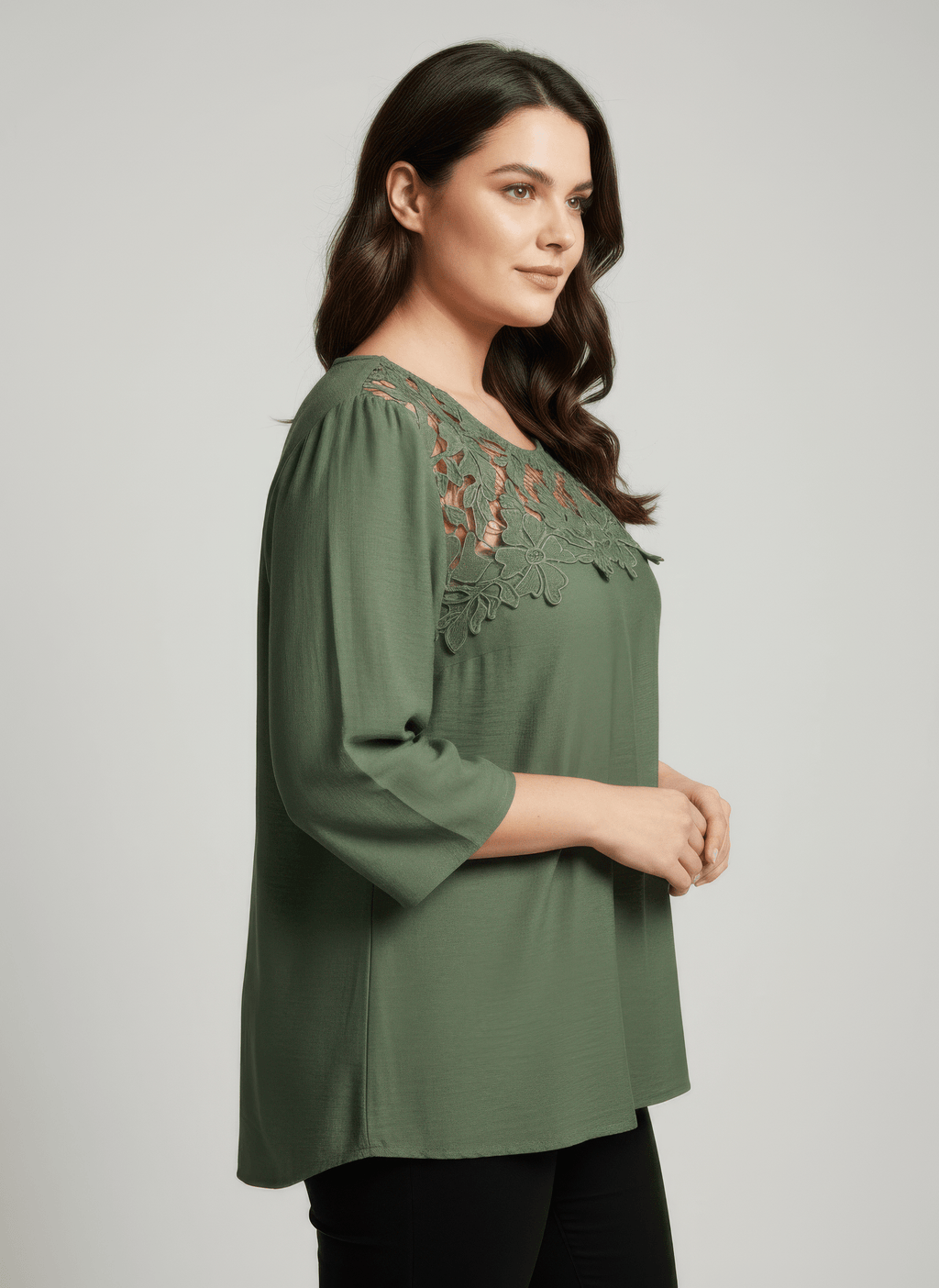 Lace Yoke Three - quarter Sleeve Knit Top - Crowned Energy CO.