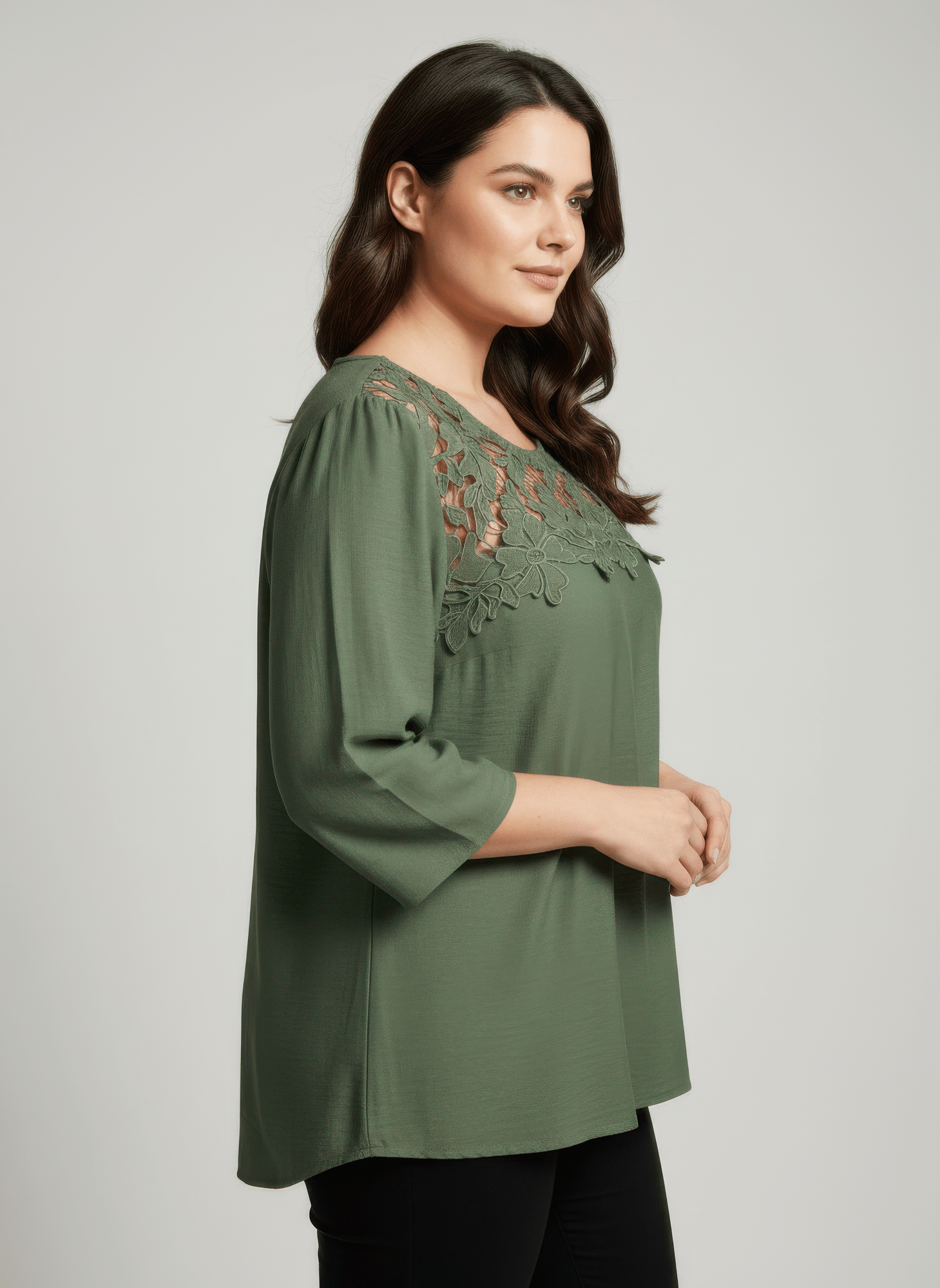 Lace Yoke Three - quarter Sleeve Knit Top - Crowned Energy CO.