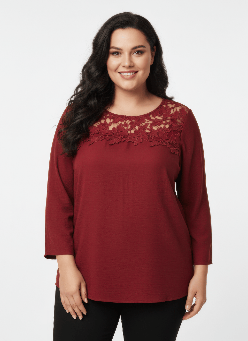 Lace Yoke Three - quarter Sleeve Knit Top - Crowned Energy CO.
