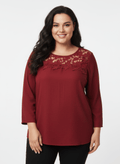 Lace Yoke Three - quarter Sleeve Knit Top - Crowned Energy CO.