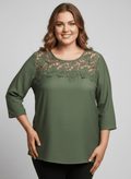 Lace Yoke Three - quarter Sleeve Knit Top - Crowned Energy CO.