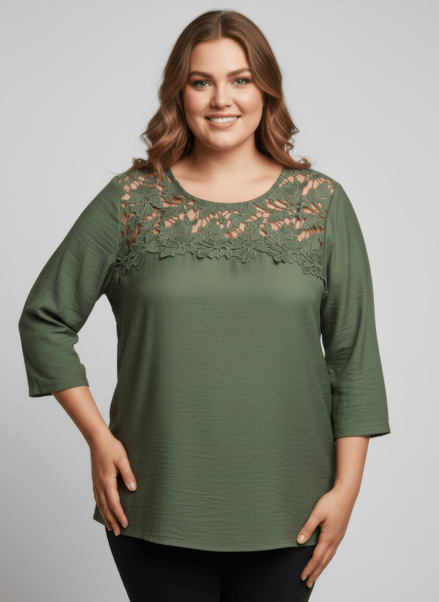 Lace Yoke Three - quarter Sleeve Knit Top - Crowned Energy CO.