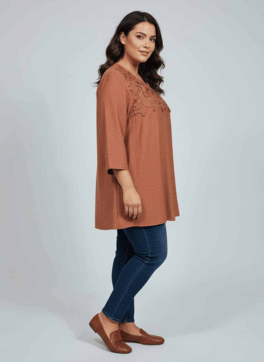 Lace Yoke Three - quarter Sleeve Knit Top - Crowned Energy CO.
