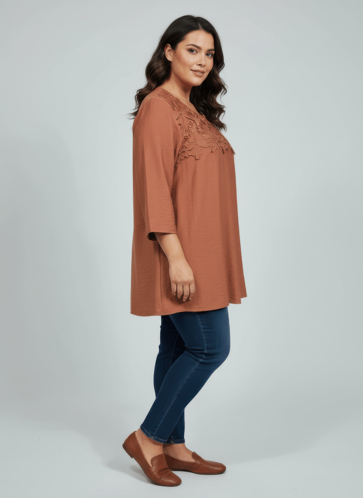 Lace Yoke Three - quarter Sleeve Knit Top - Crowned Energy CO.