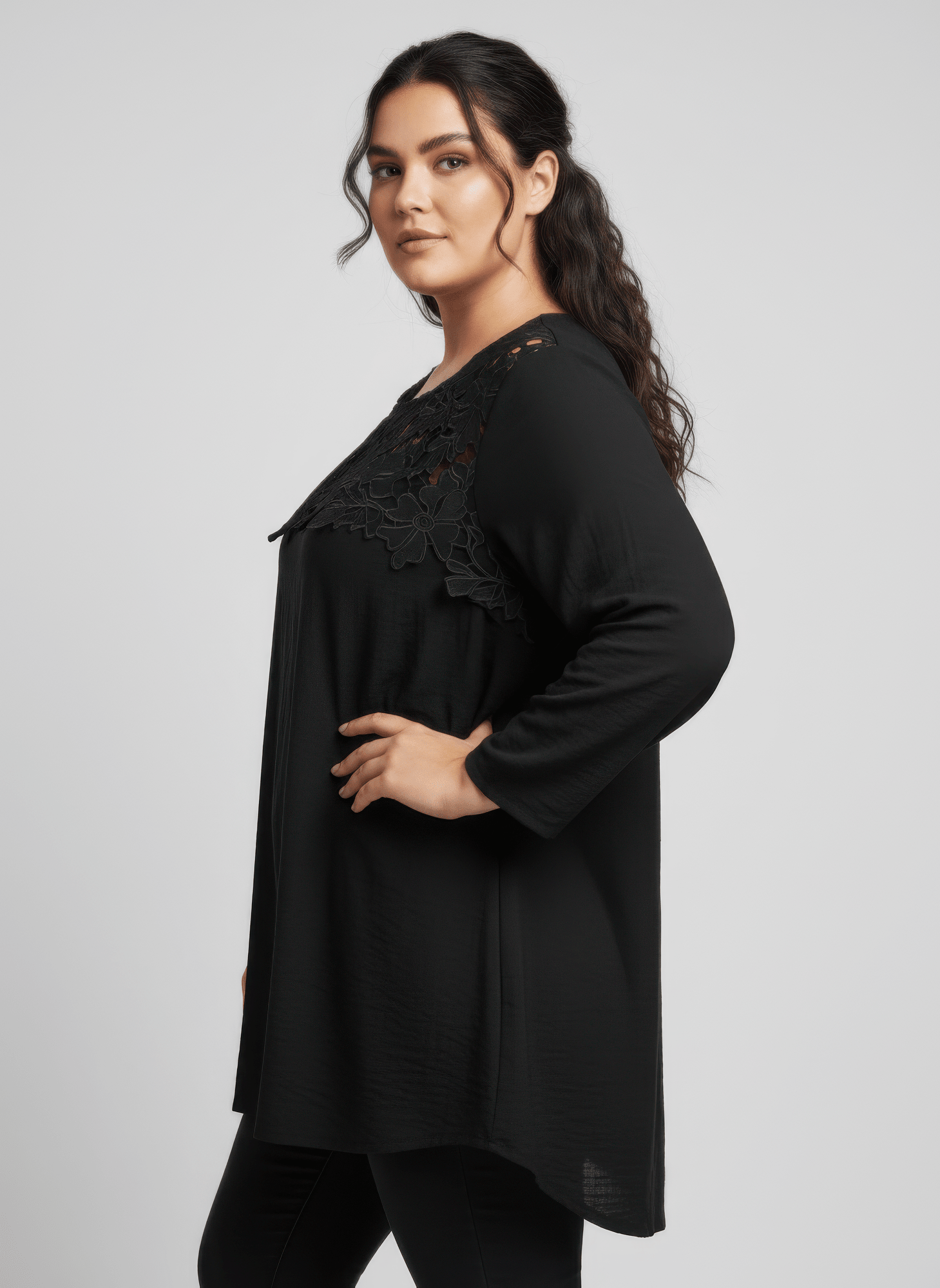Lace Yoke Three - quarter Sleeve Knit Top - Crowned Energy CO.