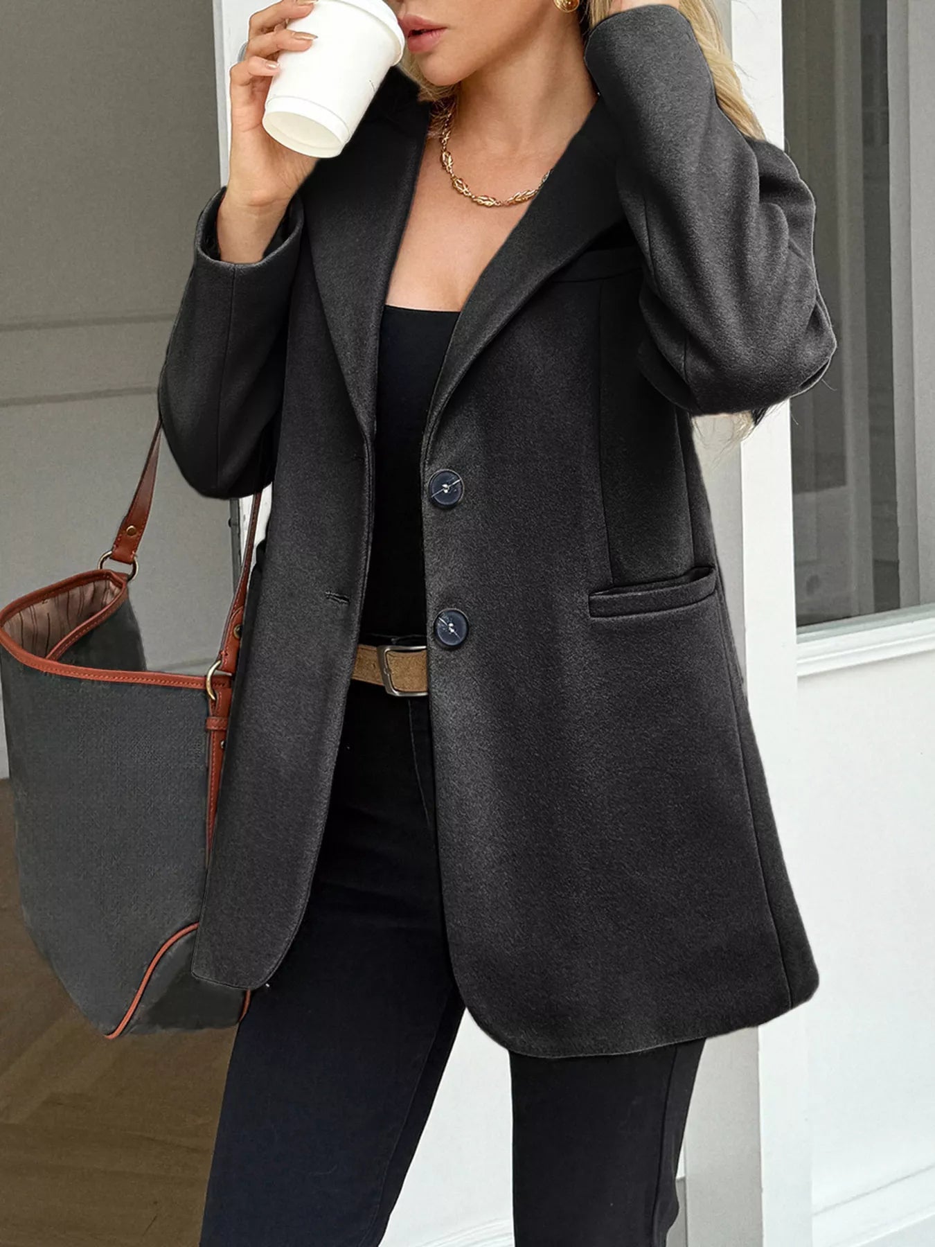 Crowned Energy CO. Black / S Trendsi Jackets Lapel Collar Button Up Blazer