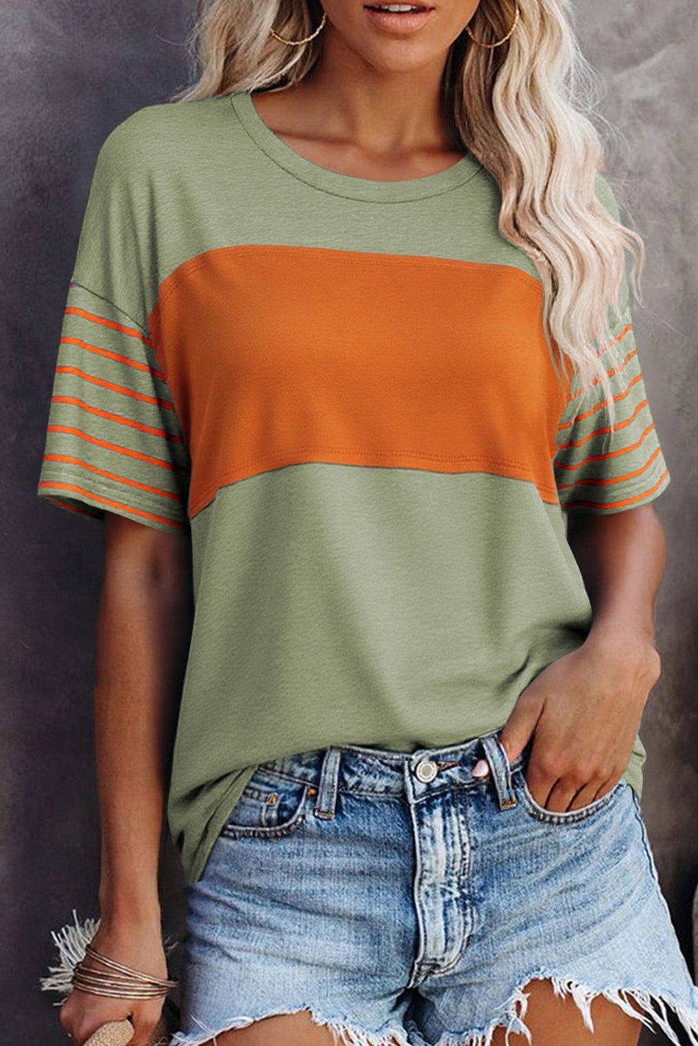 Laurel Green Color Block Striped Detail Loose T Shirt - Crowned Energy CO.