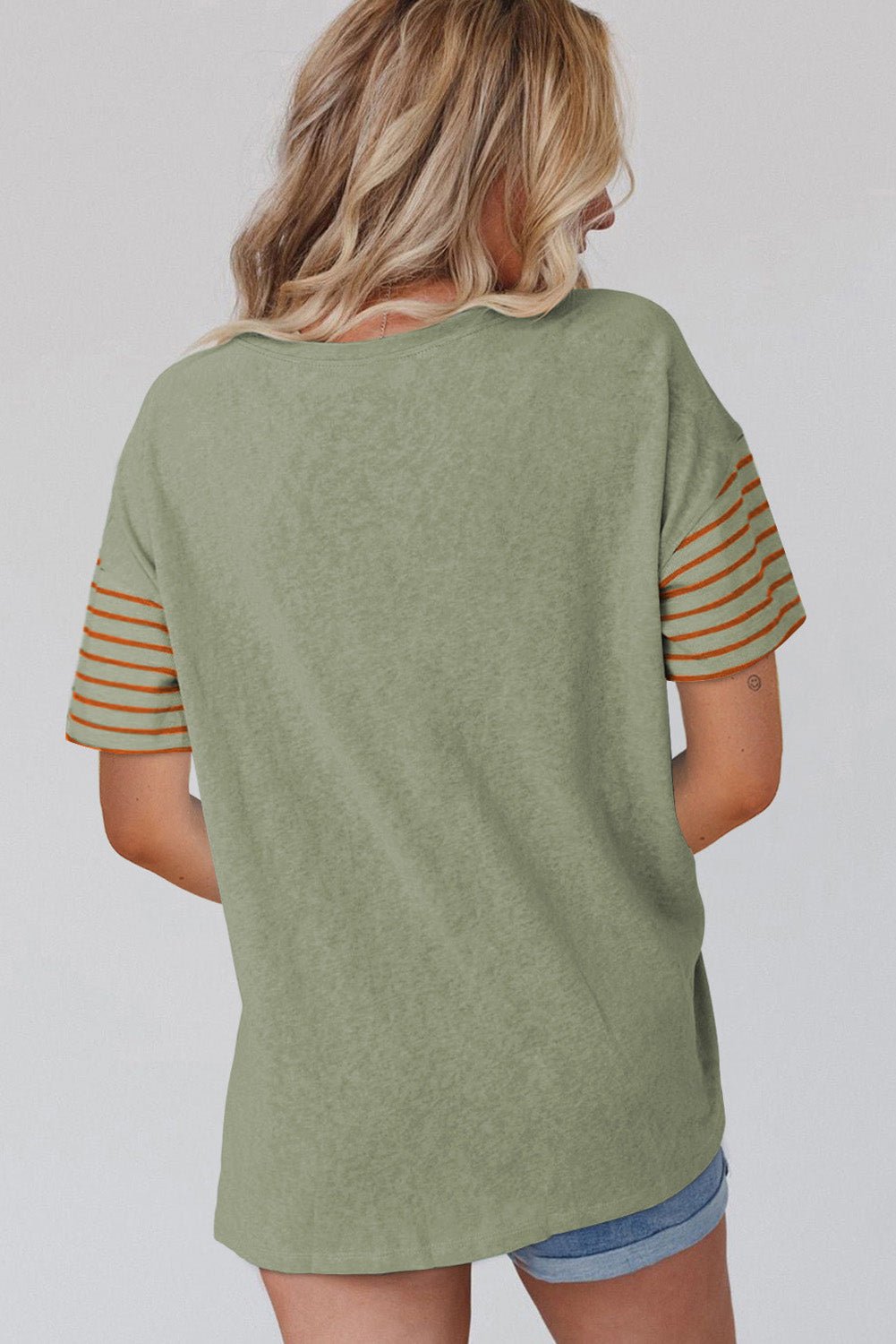 Laurel Green Color Block Striped Detail Loose T Shirt - Crowned Energy CO.