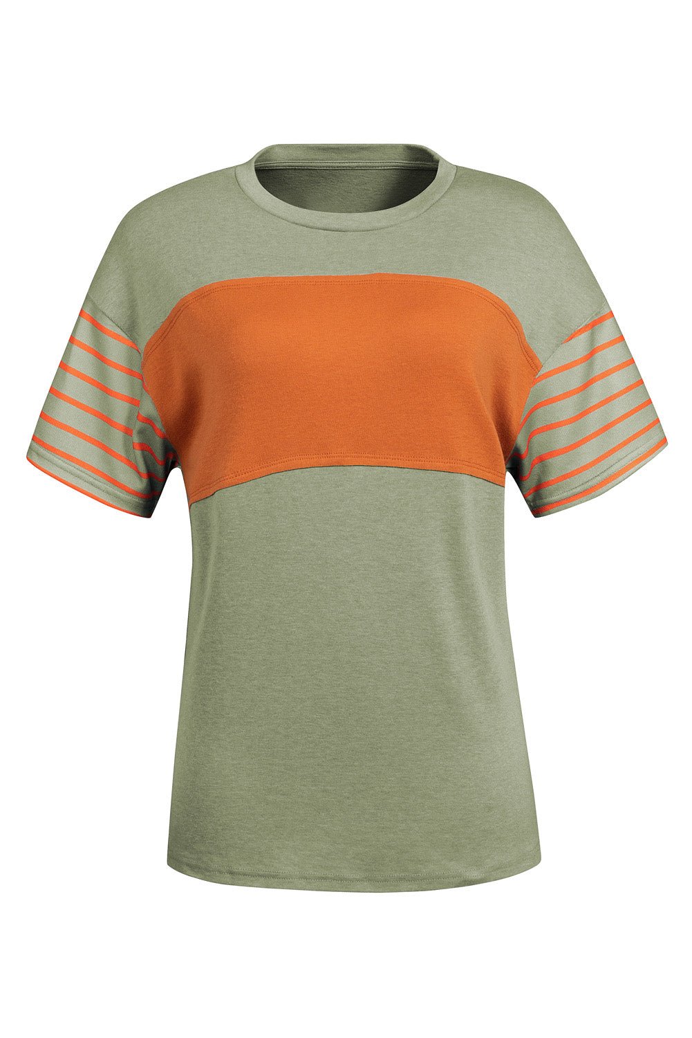 Laurel Green Color Block Striped Detail Loose T Shirt - Crowned Energy CO.