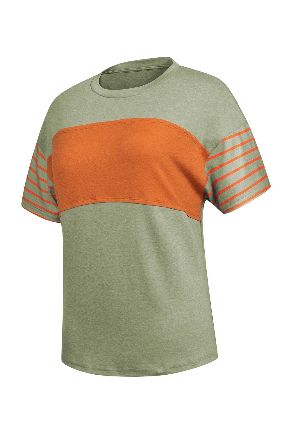 Laurel Green Color Block Striped Detail Loose T Shirt - Crowned Energy CO.