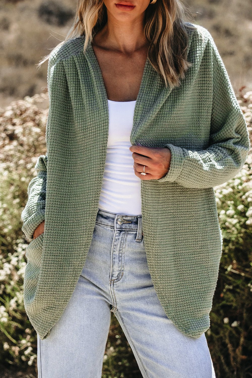 Laurel Green Waffle Knit Open Front Cardigan - Crowned Energy CO.