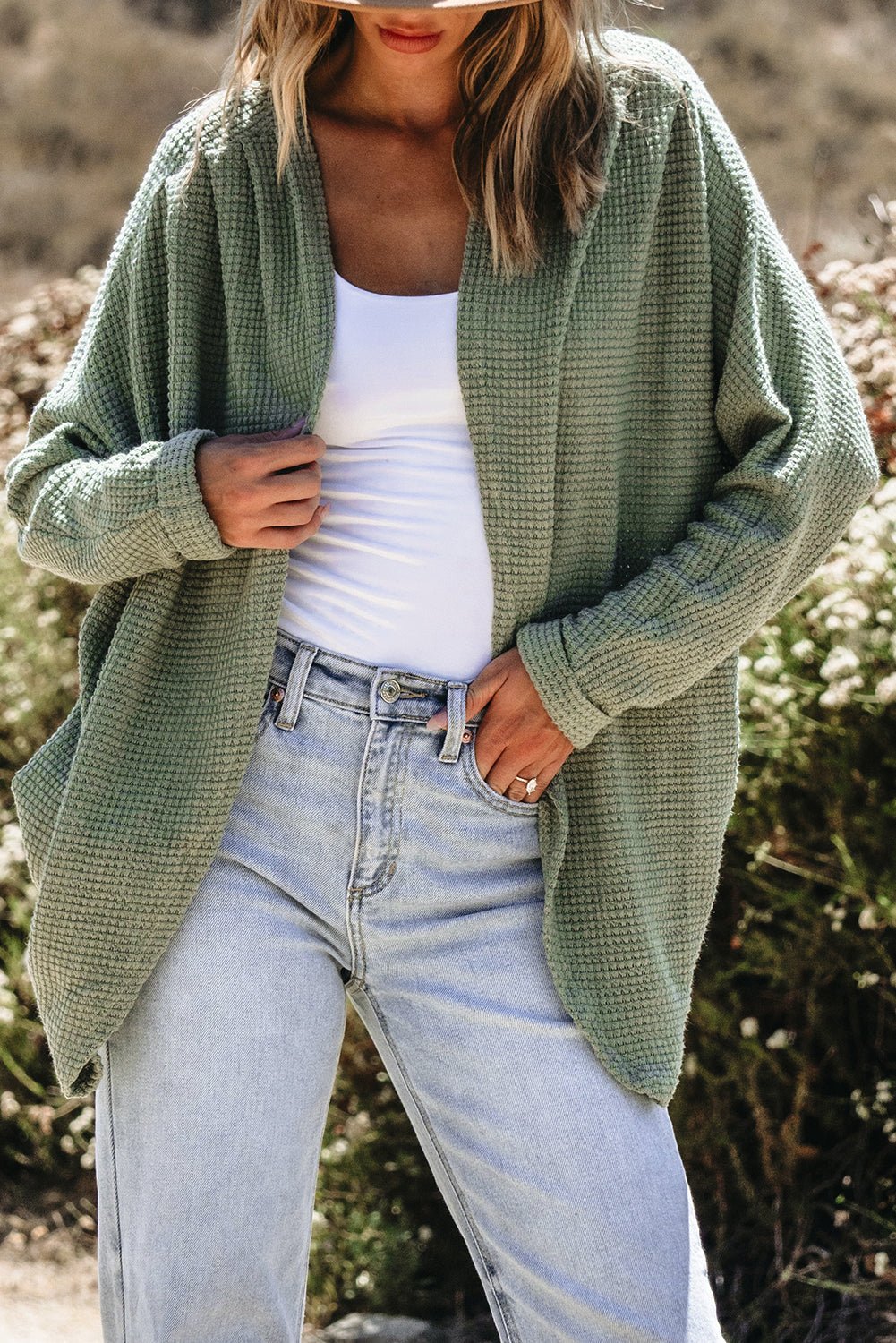 Laurel Green Waffle Knit Open Front Cardigan - Crowned Energy CO.