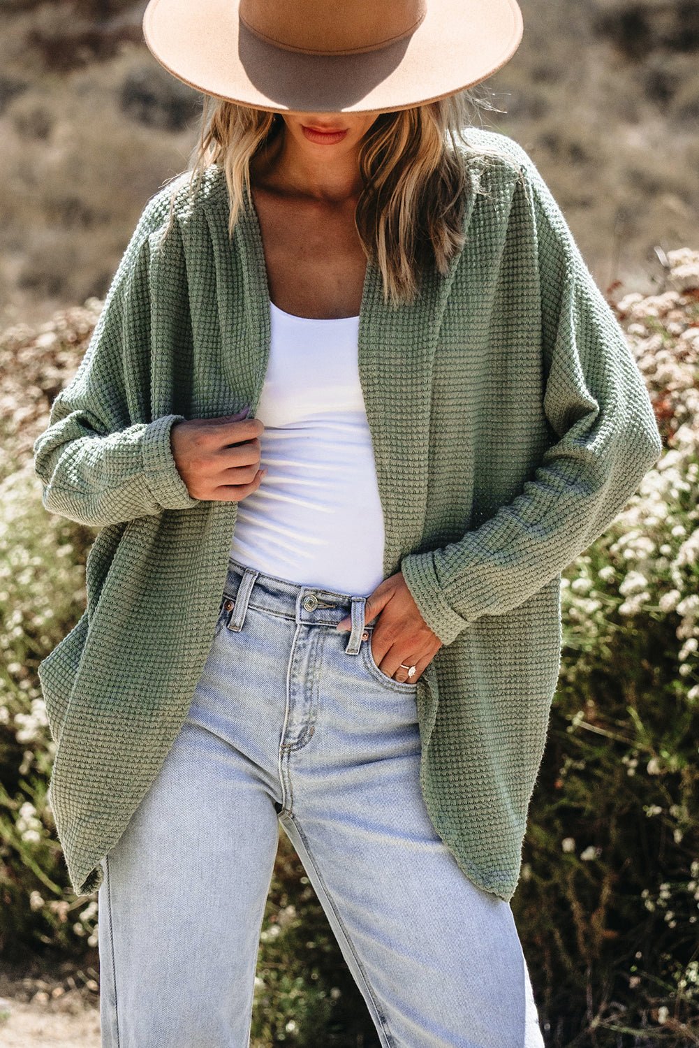 Laurel Green Waffle Knit Open Front Cardigan - Crowned Energy CO.