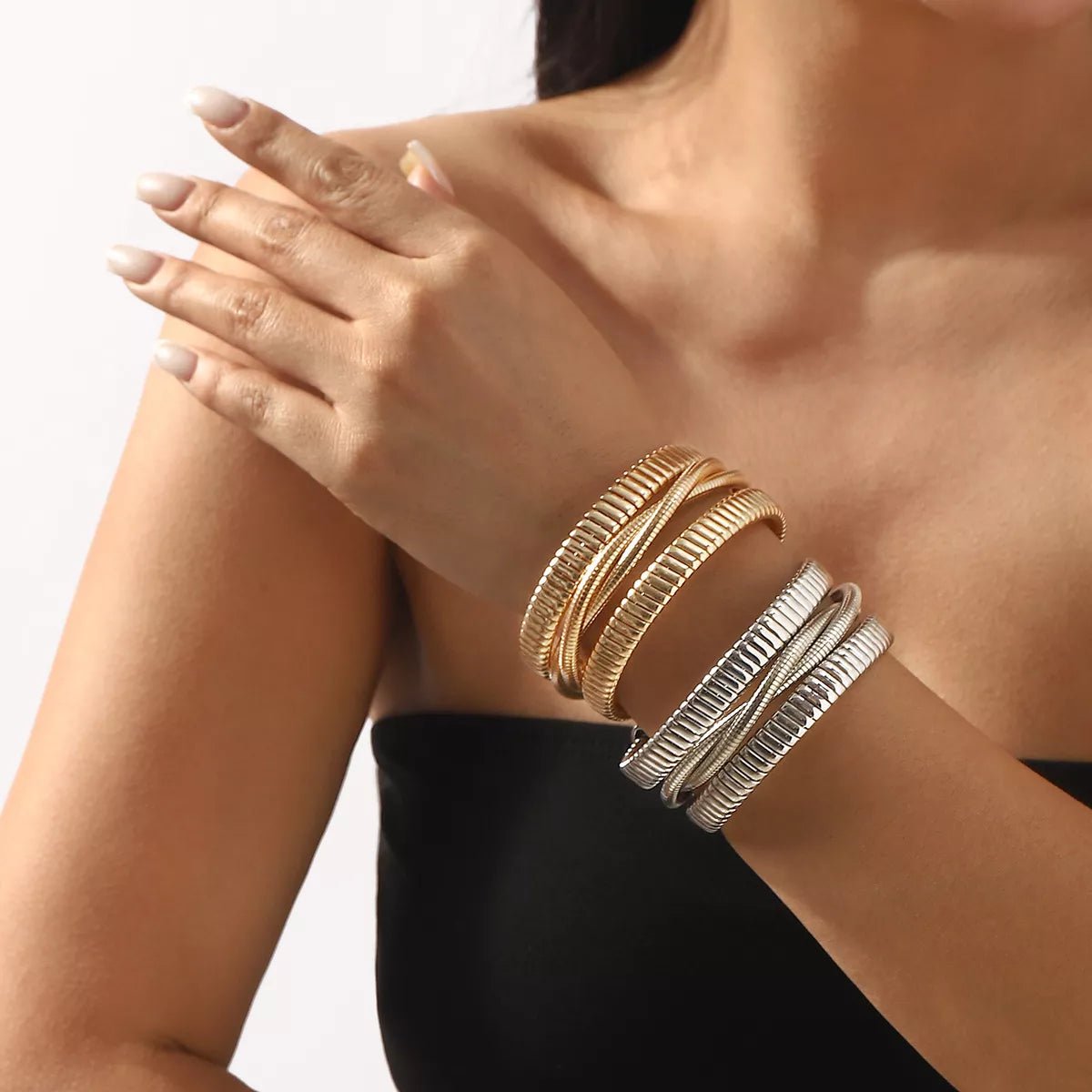 Layered Open Cuff Bracelet 18K Gold - & Silver - Plated - Crowned Energy CO.