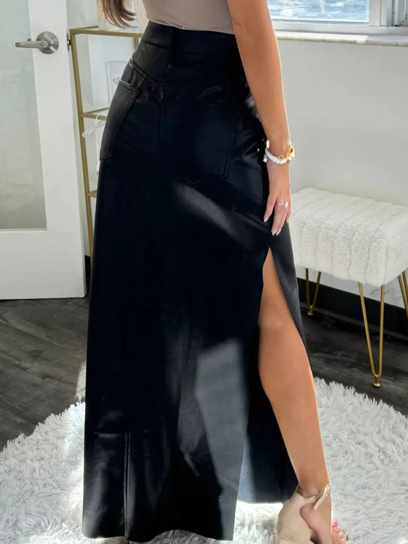 Leather High - Waist Side Slit Maxi Skirt - Crowned Energy CO.