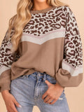 Leopard Color Block Knit Round Neck Baggy Sweater - Crowned Energy CO.