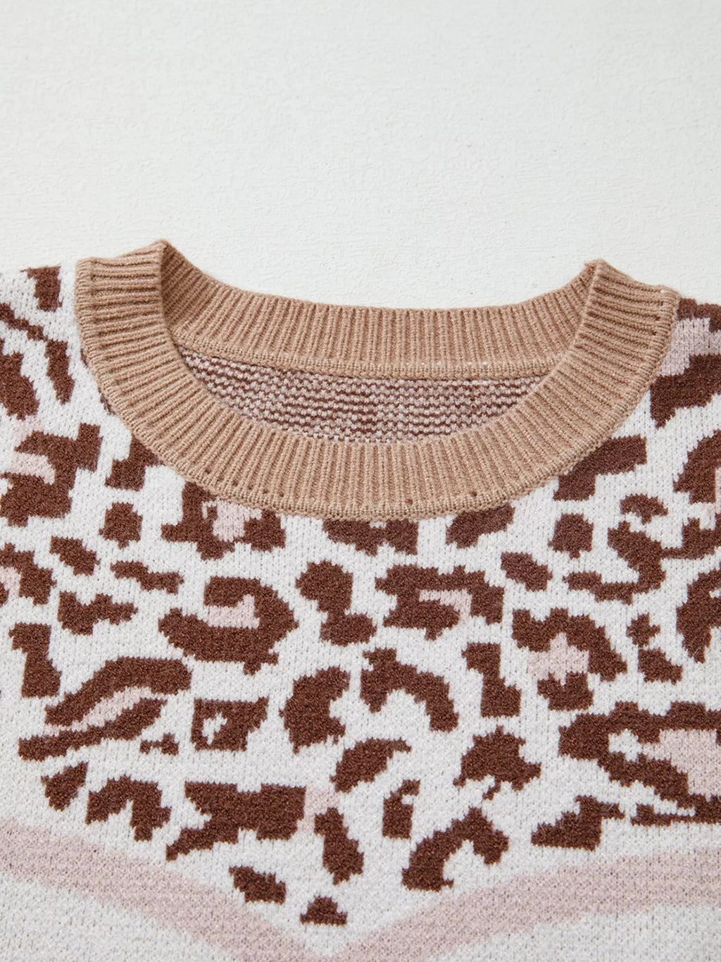 Leopard Color Block Knit Round Neck Baggy Sweater - Crowned Energy CO.