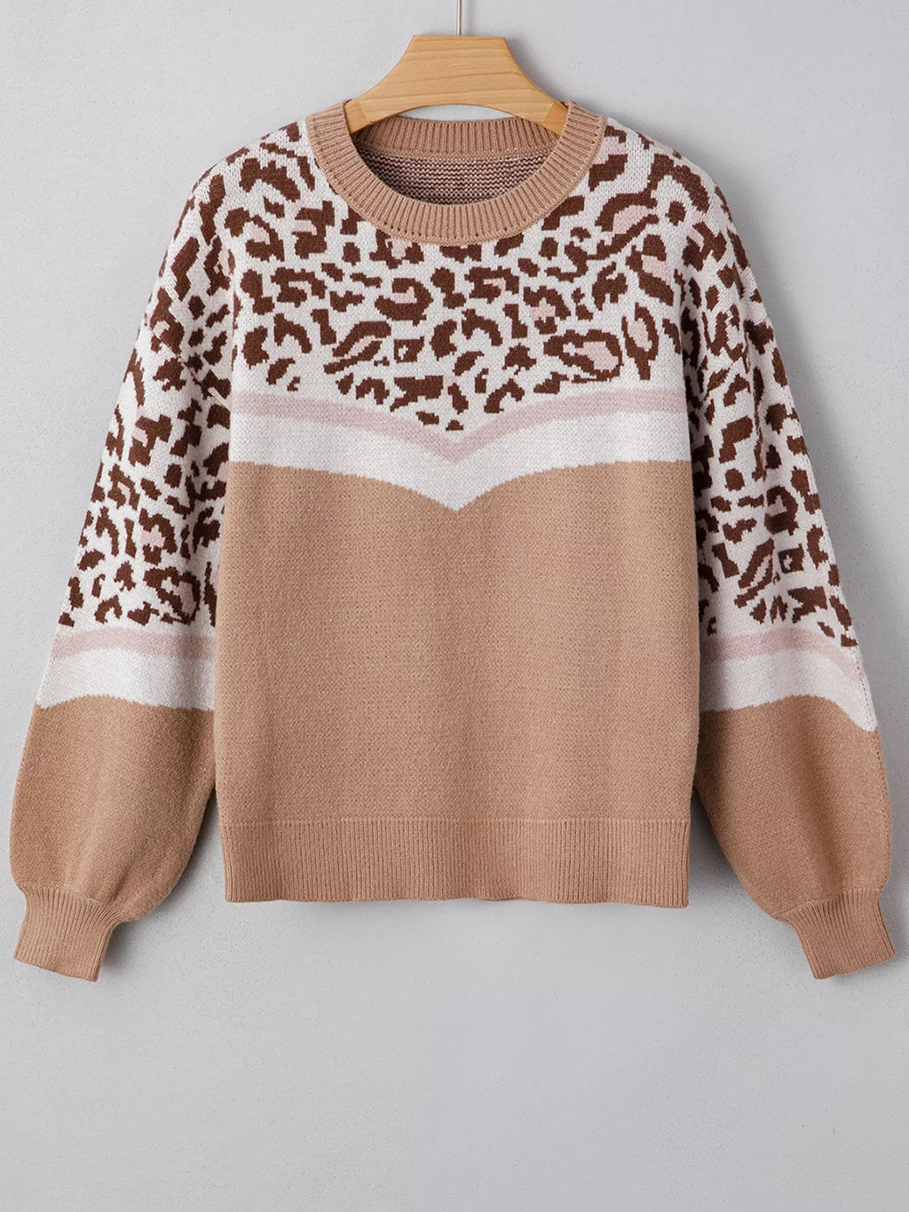 Leopard Color Block Knit Round Neck Baggy Sweater - Crowned Energy CO.