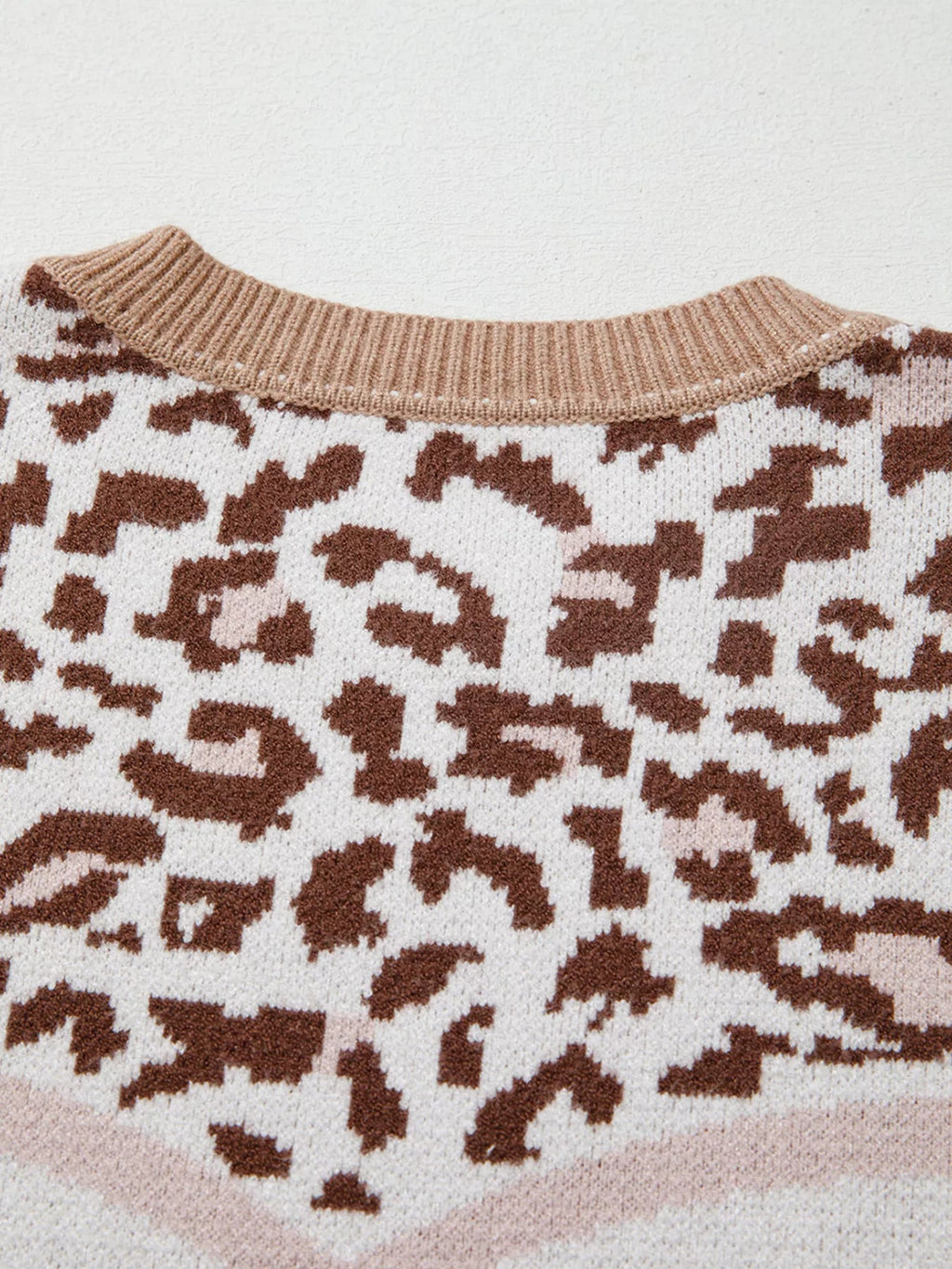 Leopard Color Block Knit Round Neck Baggy Sweater - Crowned Energy CO.