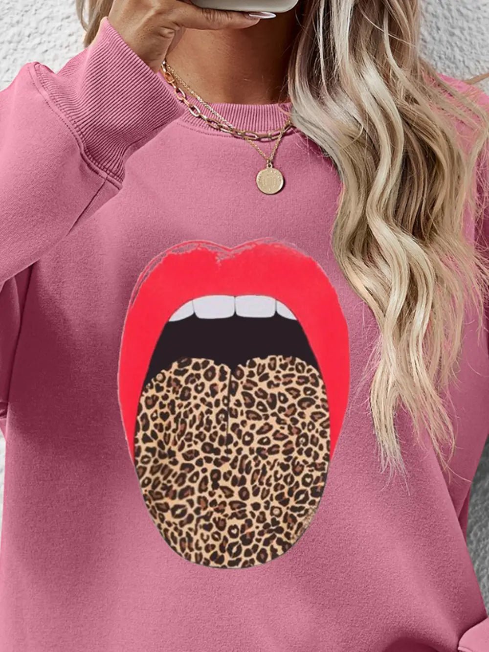 Leopard Lip Graphic Round Neck Sweatshirt - Crowned Energy CO.