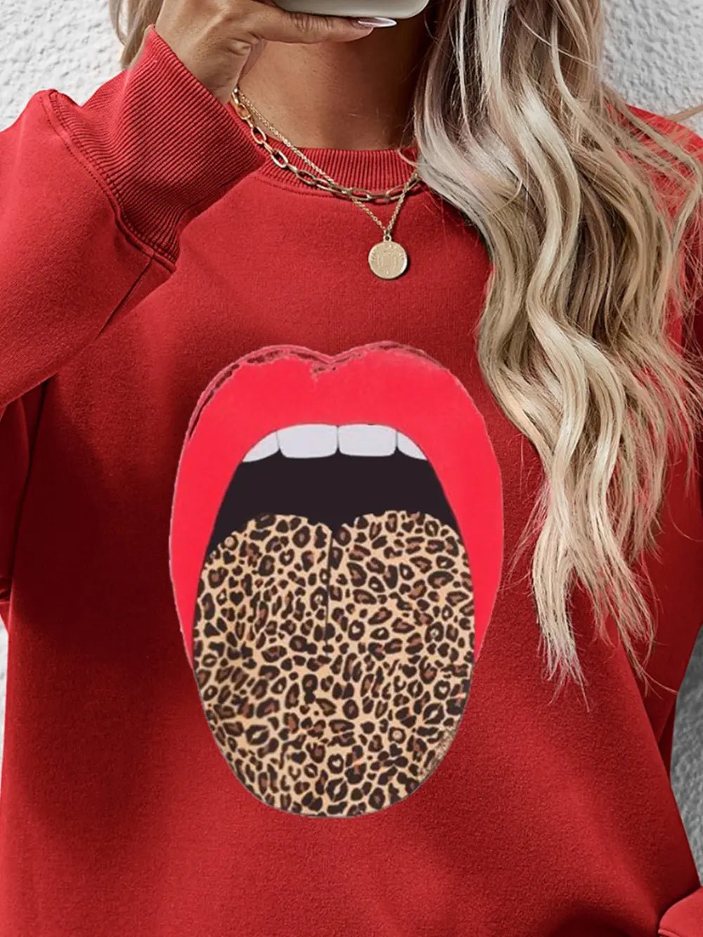 Leopard Lip Graphic Round Neck Sweatshirt - Crowned Energy CO.