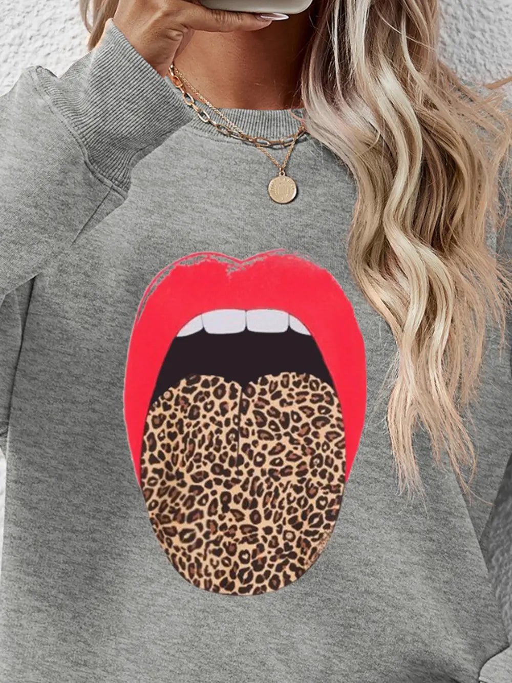 Leopard Lip Graphic Round Neck Sweatshirt - Crowned Energy CO.