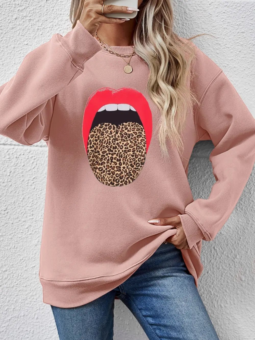 Leopard Lip Graphic Round Neck Sweatshirt - Crowned Energy CO.