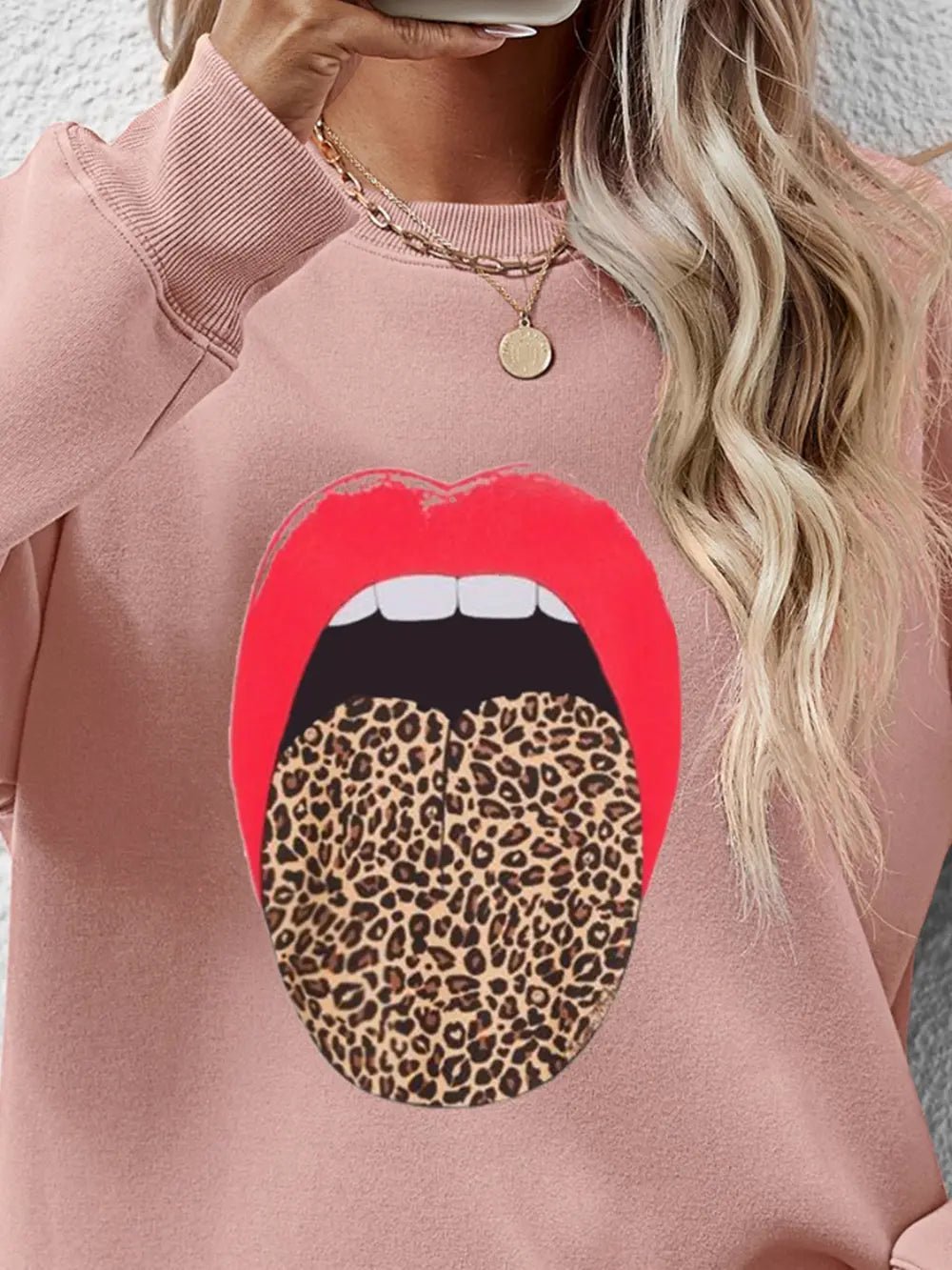 Leopard Lip Graphic Round Neck Sweatshirt - Crowned Energy CO.