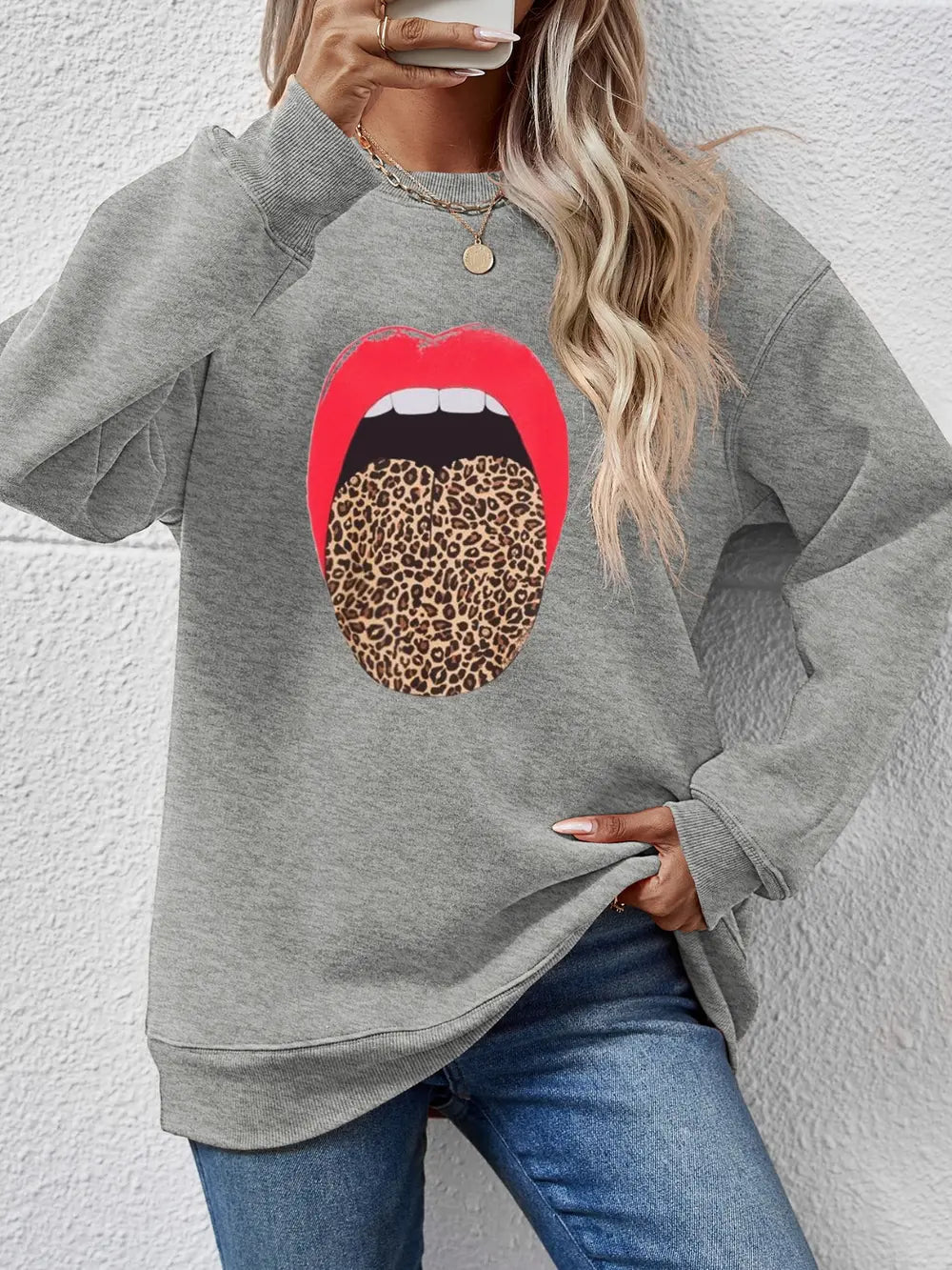 Leopard Lip Graphic Round Neck Sweatshirt - Crowned Energy CO.