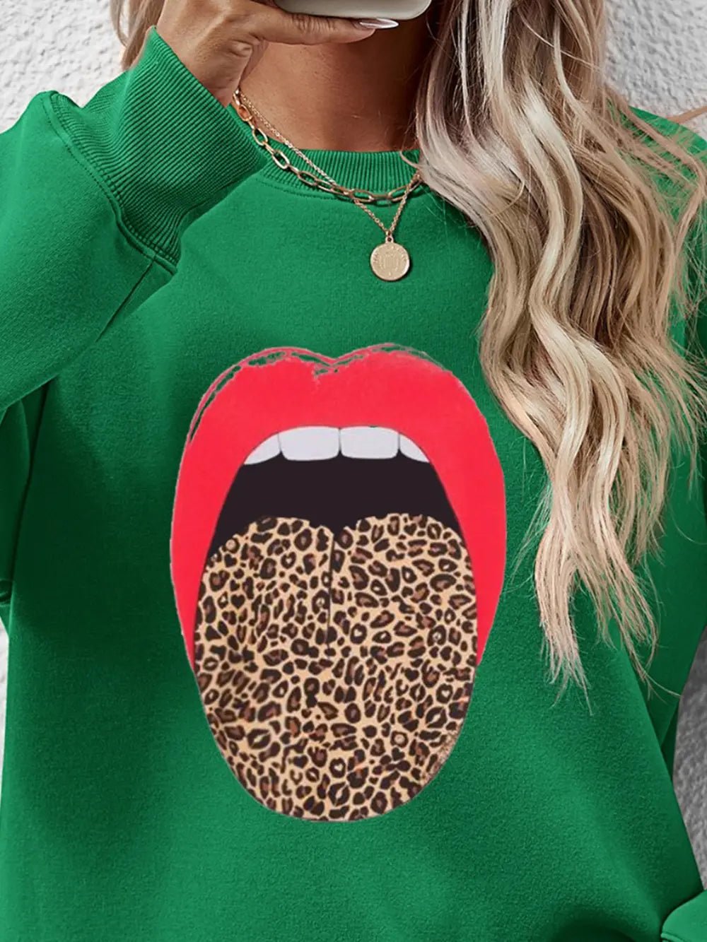 Leopard Lip Graphic Round Neck Sweatshirt - Crowned Energy CO.