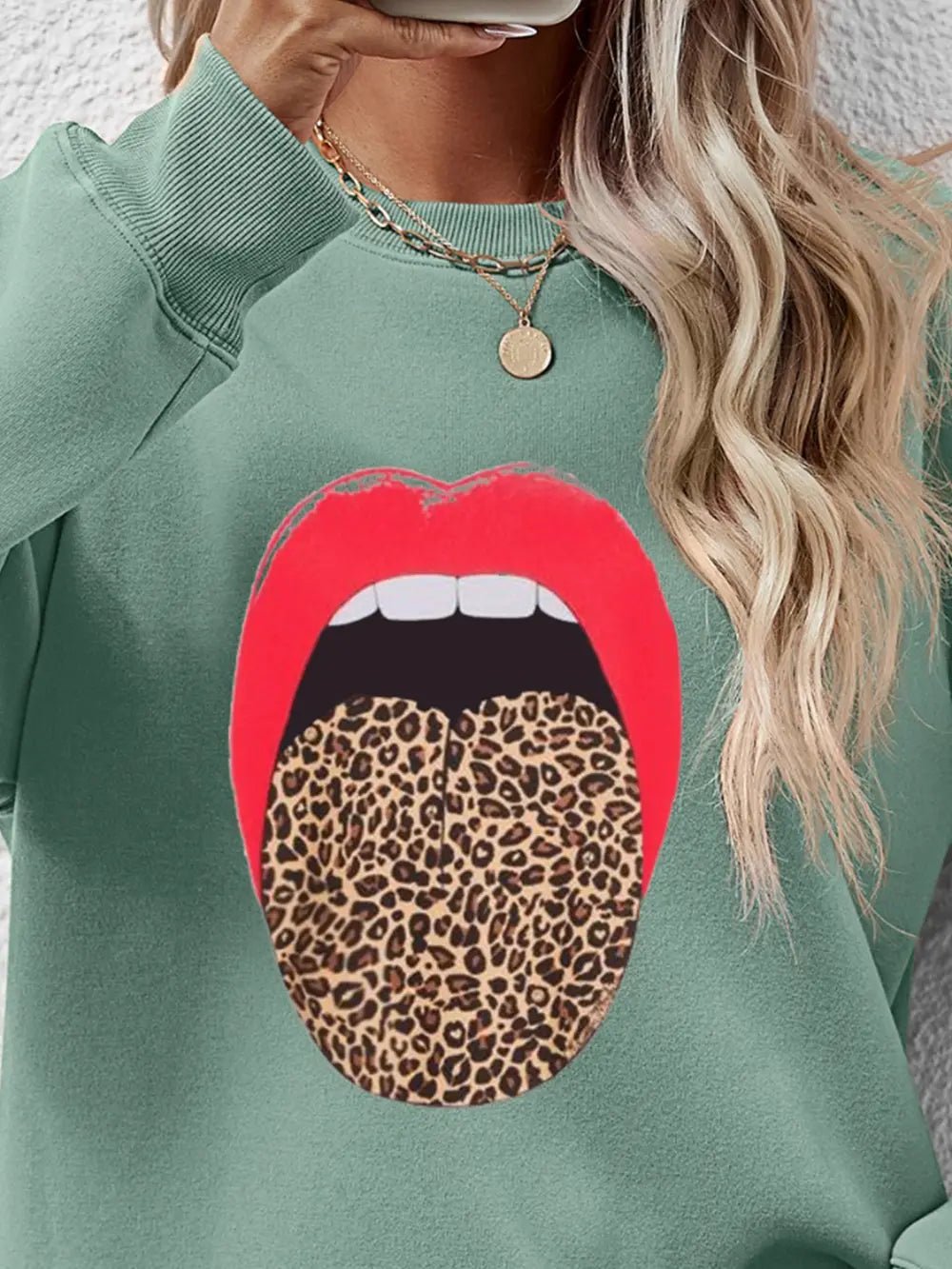 Leopard Lip Graphic Round Neck Sweatshirt - Crowned Energy CO.