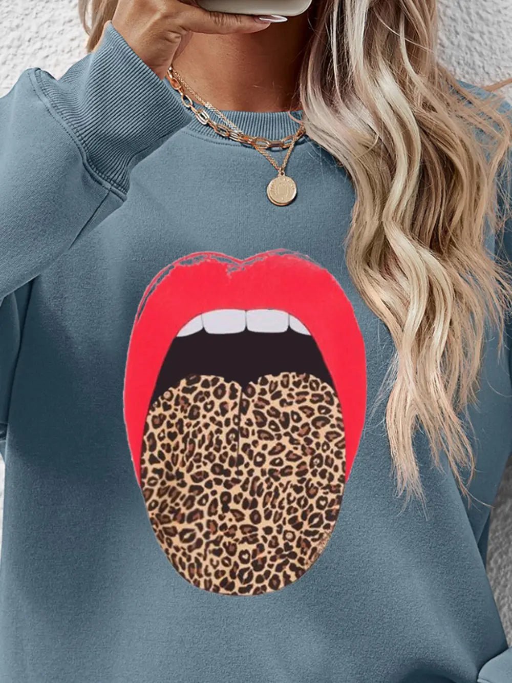Leopard Lip Graphic Round Neck Sweatshirt - Crowned Energy CO.