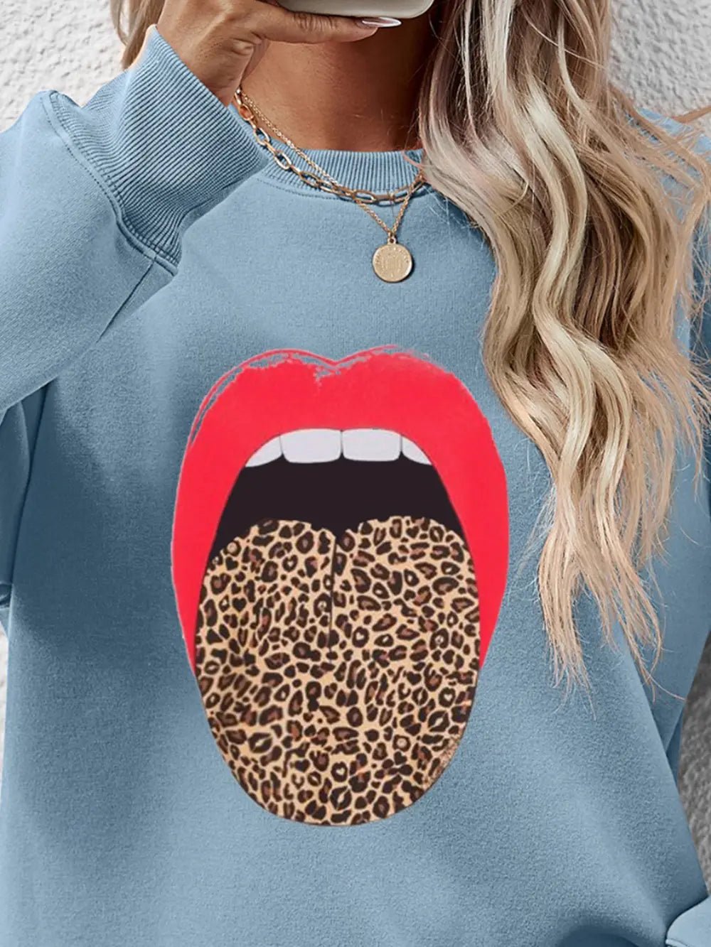 Leopard Lip Graphic Round Neck Sweatshirt - Crowned Energy CO.