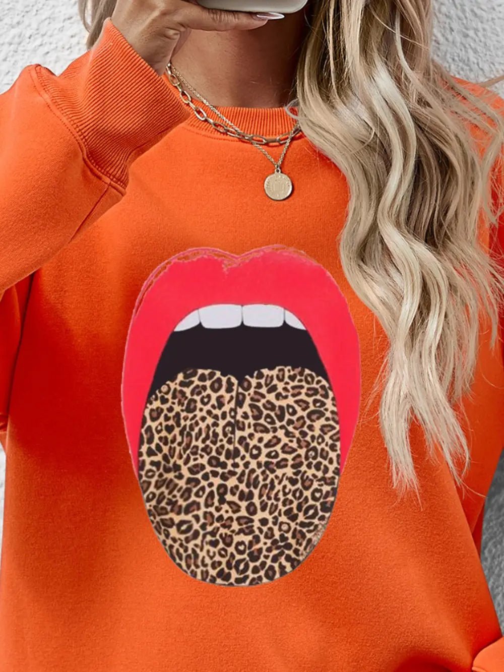 Leopard Lip Graphic Round Neck Sweatshirt - Crowned Energy CO.