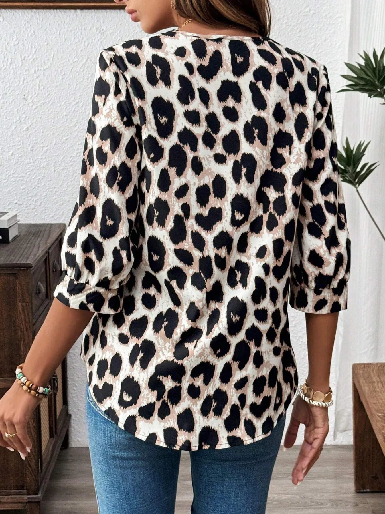 Crowned Energy CO. Apricot / S Trendsi Tops/Blouses & Shirts Leopard Print 3/4 Sleeve Blouse
