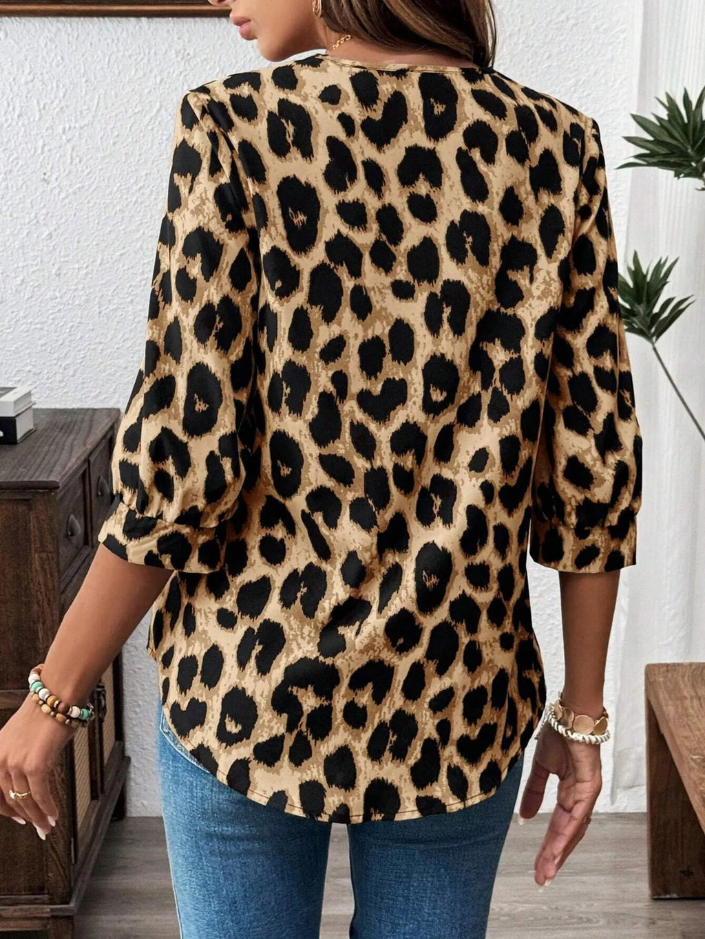 Crowned Energy CO. Apricot / S Trendsi Tops/Blouses & Shirts Leopard Print 3/4 Sleeve Blouse