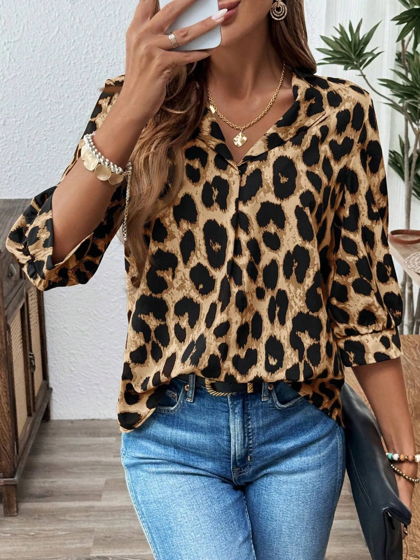 Crowned Energy CO. Apricot / S Trendsi Tops/Blouses & Shirts Leopard Print 3/4 Sleeve Blouse
